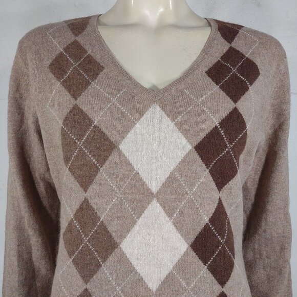 Apt. 9. beige tan brown argyle 100% Cashmere V-neck sweater ladies Large - Picture 2 of 6